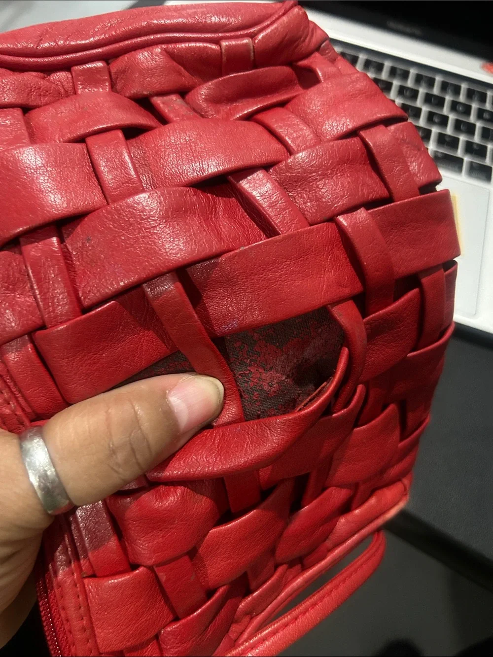 VTG Red Leather Woven Crossbody Shoulder Bag  bottega inspired